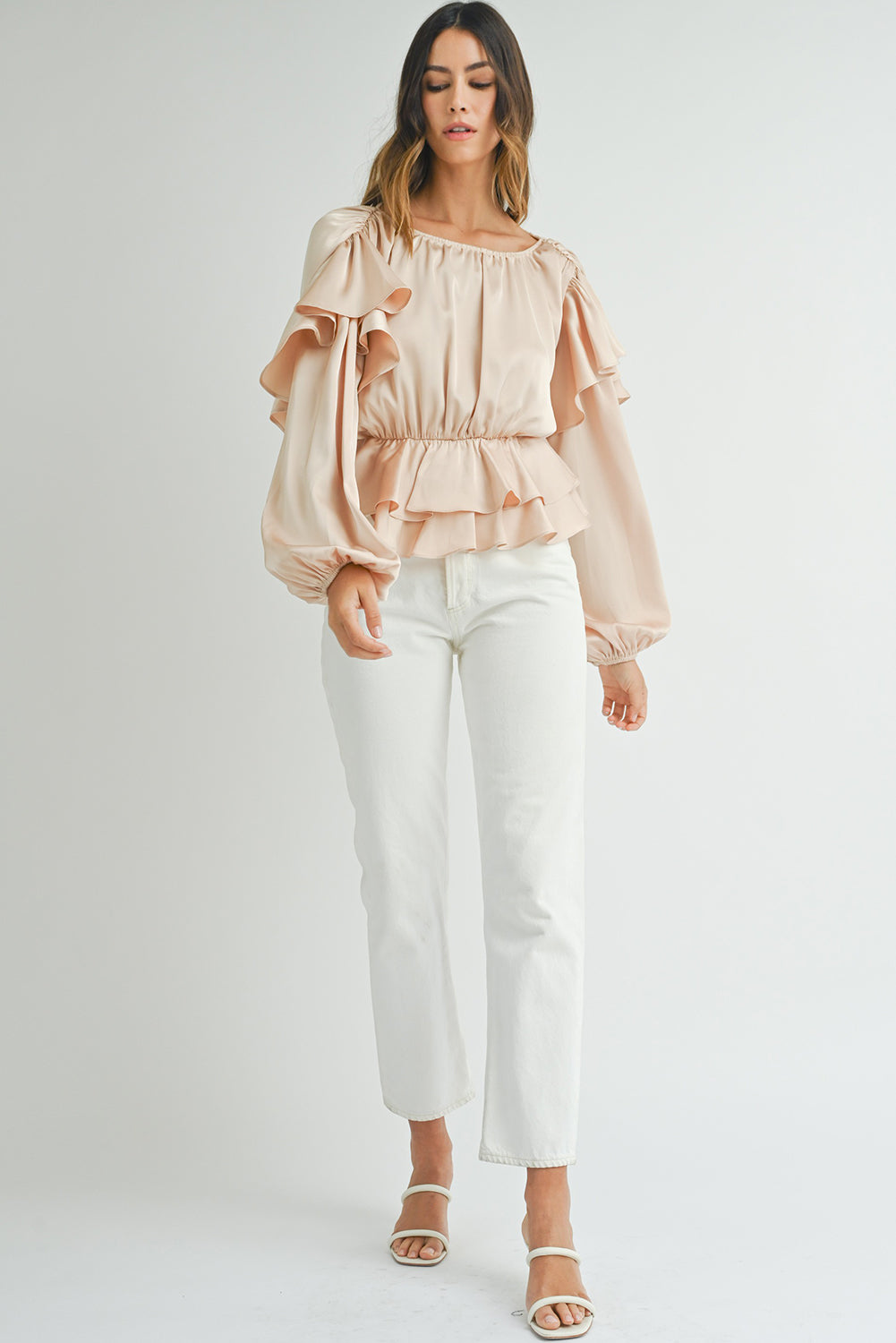 Oatmeal Elegant Satin Ruffle Long Sleeve Blouse