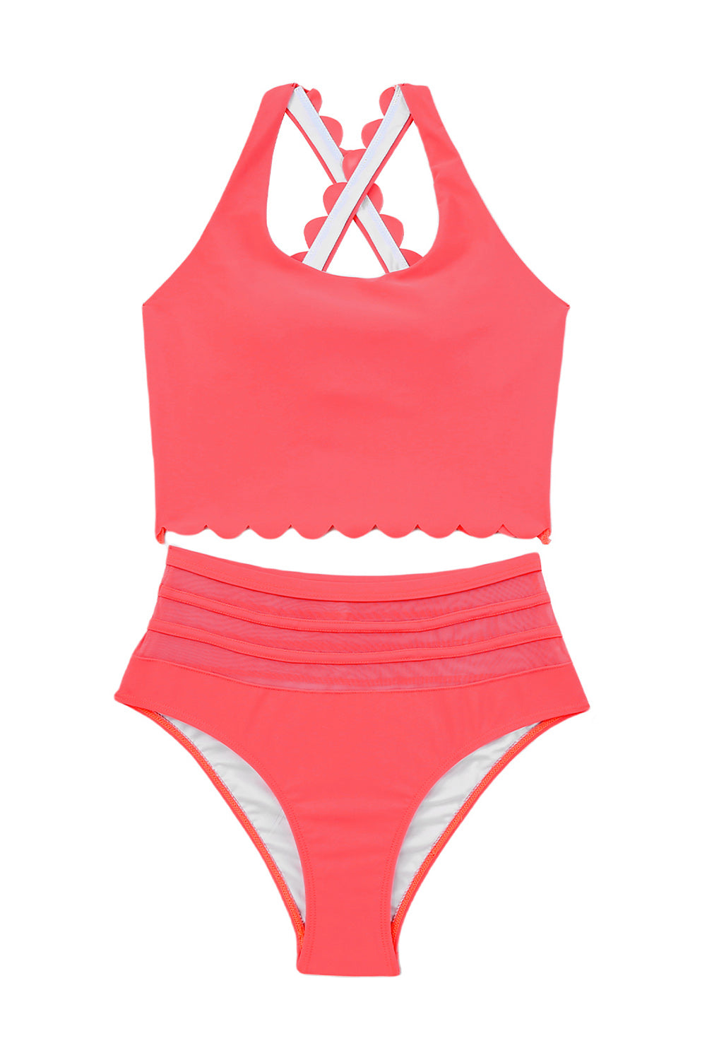 Red Scalloped Trim Criss Cross Contrast Mesh Two Piece Swimsuit