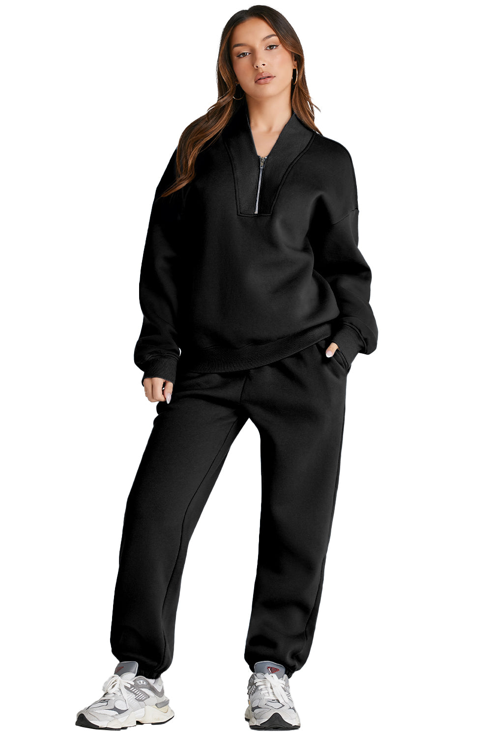 Black Plain Half Zip V Neck Top & Ribbed Edge Loose Pants Sets