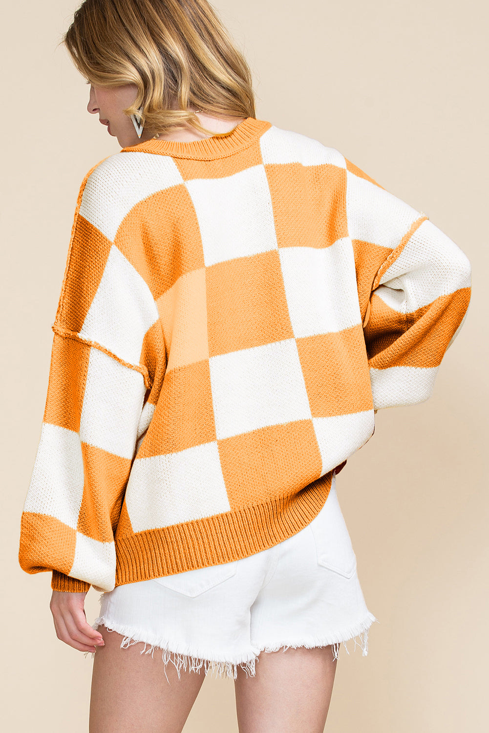 Gray Checkered Bishop Sleeve Pullover Sweater