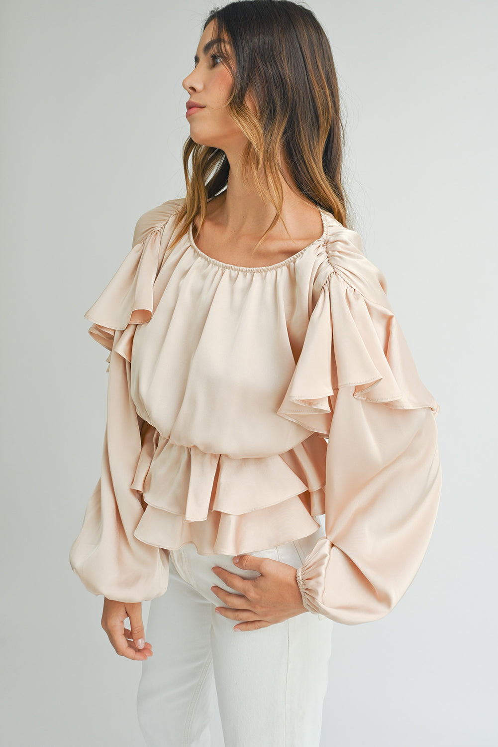 Oatmeal Elegant Satin Ruffle Long Sleeve Blouse