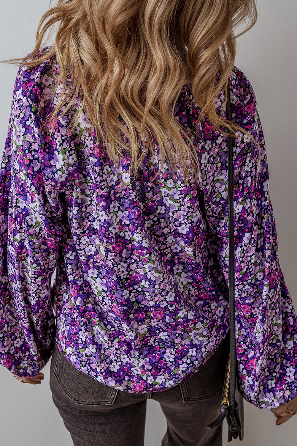 Purple Boho Ditsy Floral Split V Neck Bubble Sleeve Blouse