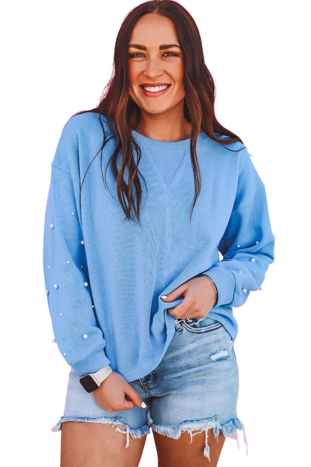 Blossom Pearl Sleeves Ribbed Pullover Sweatshirt