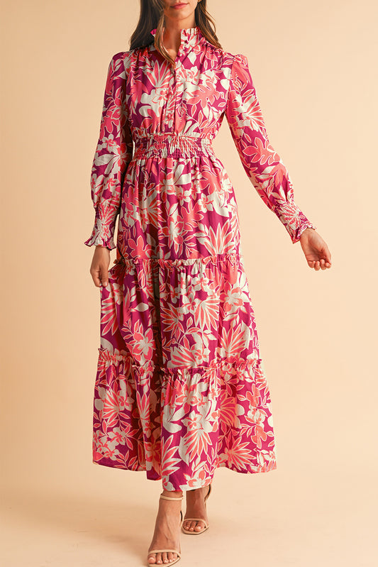 Rose Floral Print Buttoned Smocked High Waist Maxi Dress