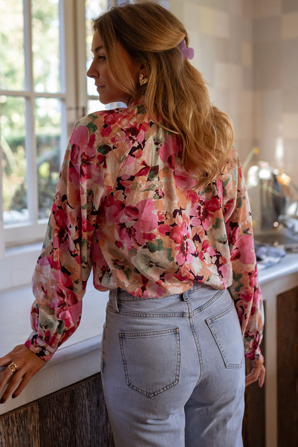 Red Floral Print Frill Stitch Buttoned Loose Fit Shirt