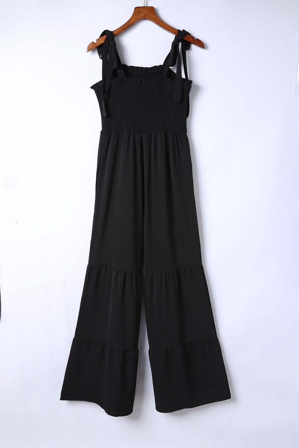 Dark Blue Tie Straps Shirred Casual Tiered Wide Leg Jumpsuit