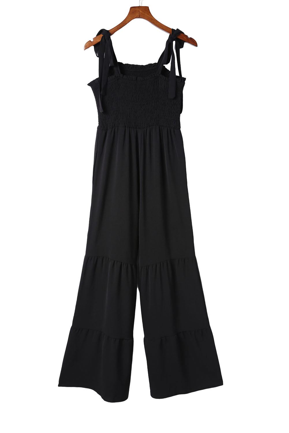 Dark Blue Tie Straps Shirred Casual Tiered Wide Leg Jumpsuit