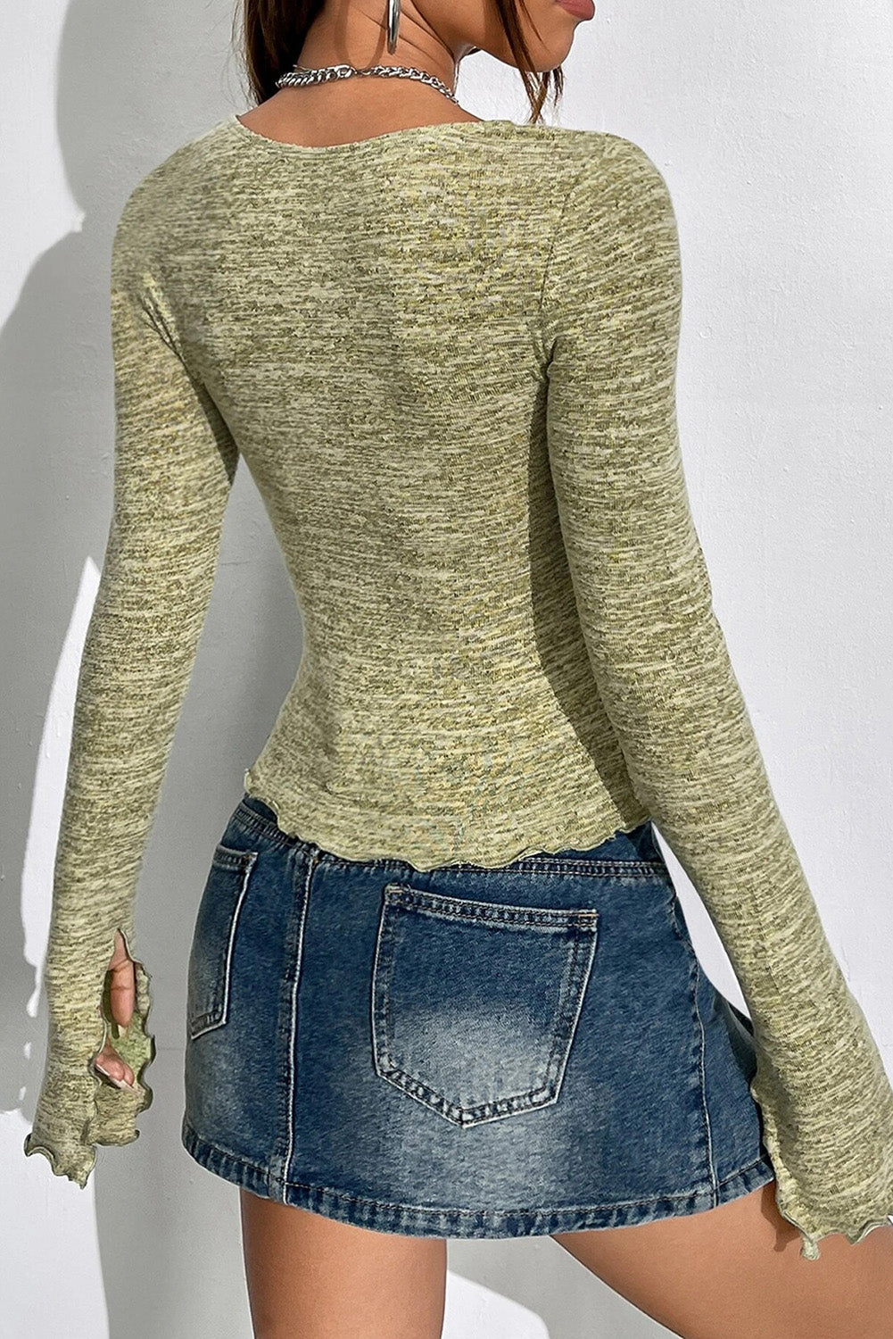 Spinach Green Sweetheart Square Lace Up Knit Top