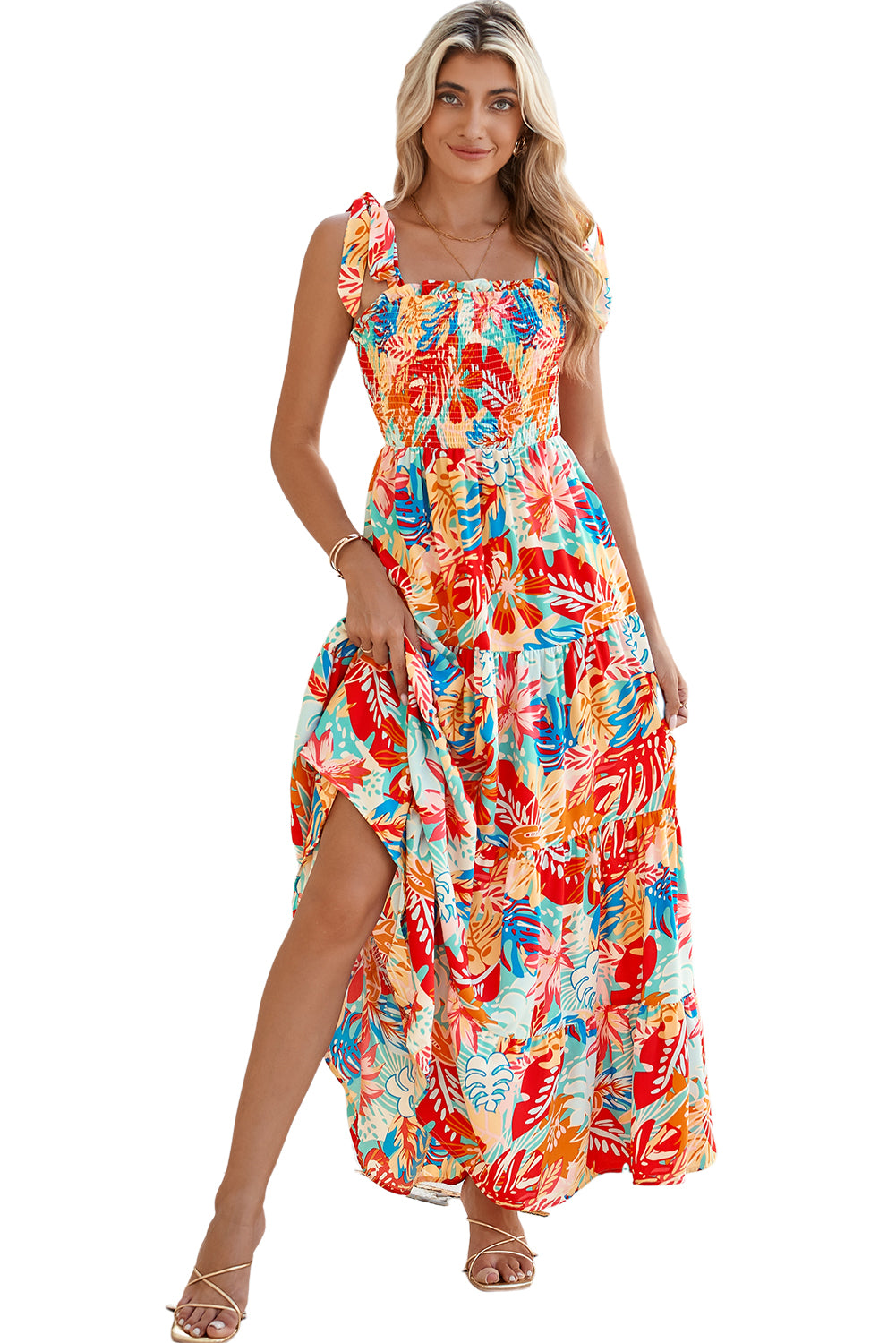 Multicolor Boho Tropical Print Smocked Ruffle Tiered Maxi Dress