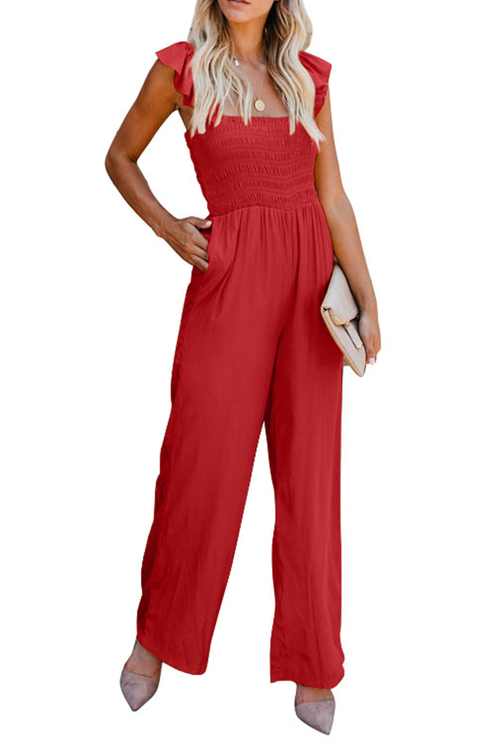 White Smocked Ruffle Strap Pocket Wide Leg Jumpsuit