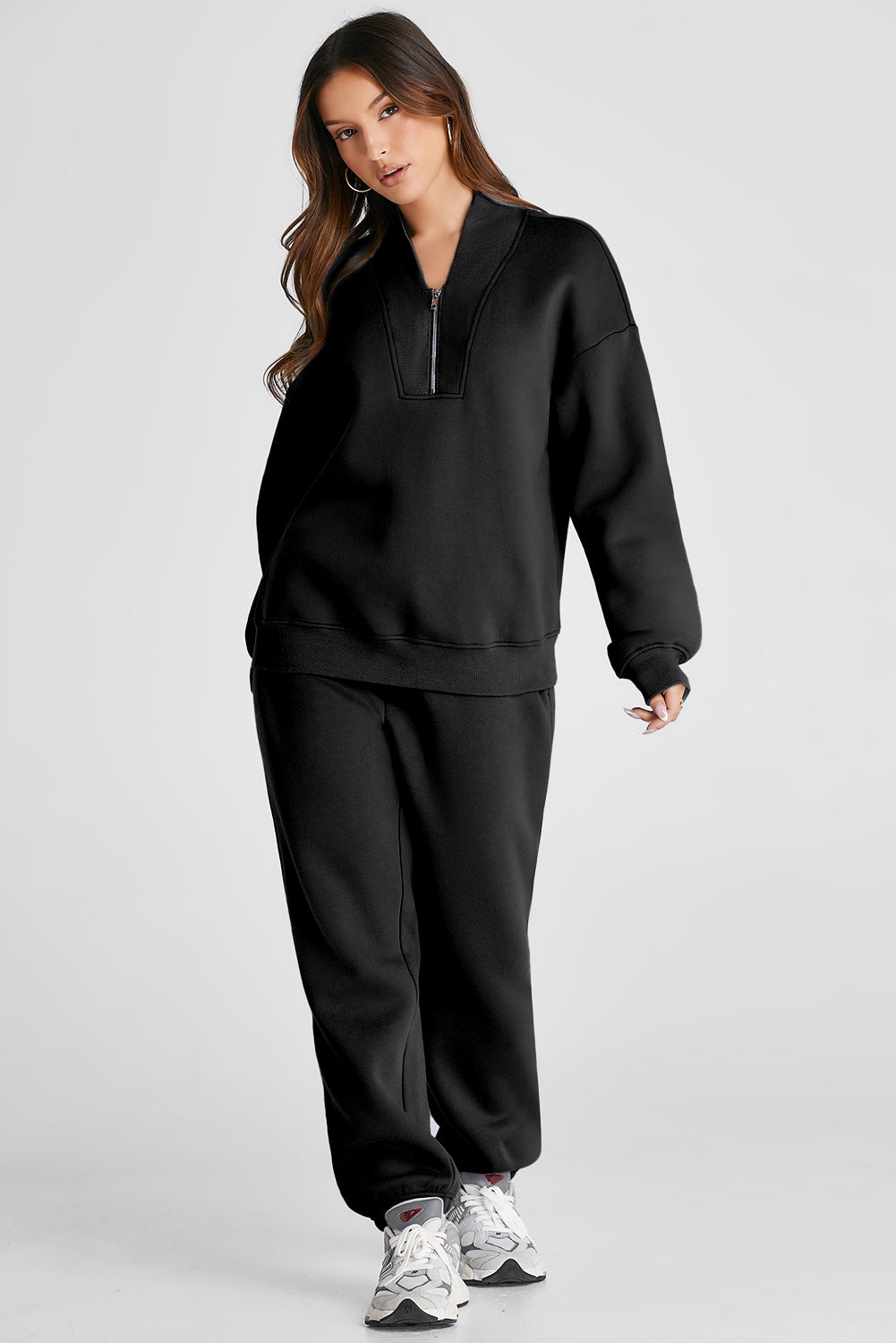 Black Plain Half Zip V Neck Top & Ribbed Edge Loose Pants Sets