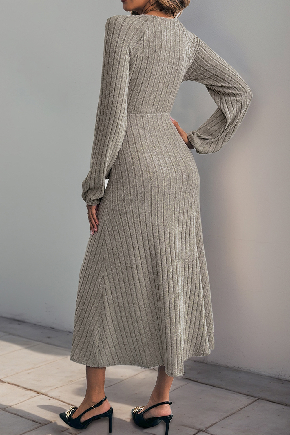 Smoke Gray Solid Long Sleeve V-Neck Button Tie Hem Dress