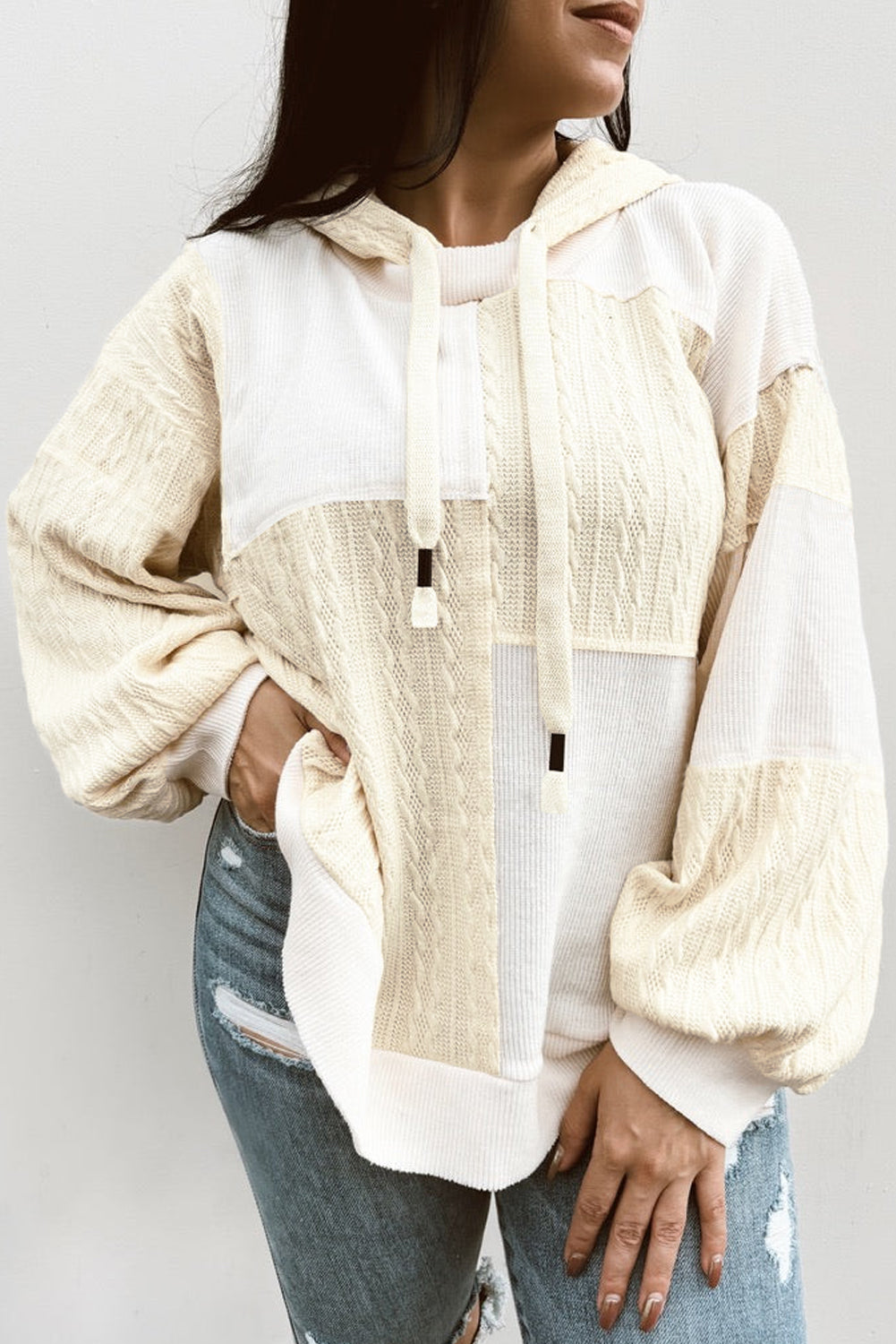 Beige Waffle Textured Patchwork Exposed Seam Plus Size Hoodie