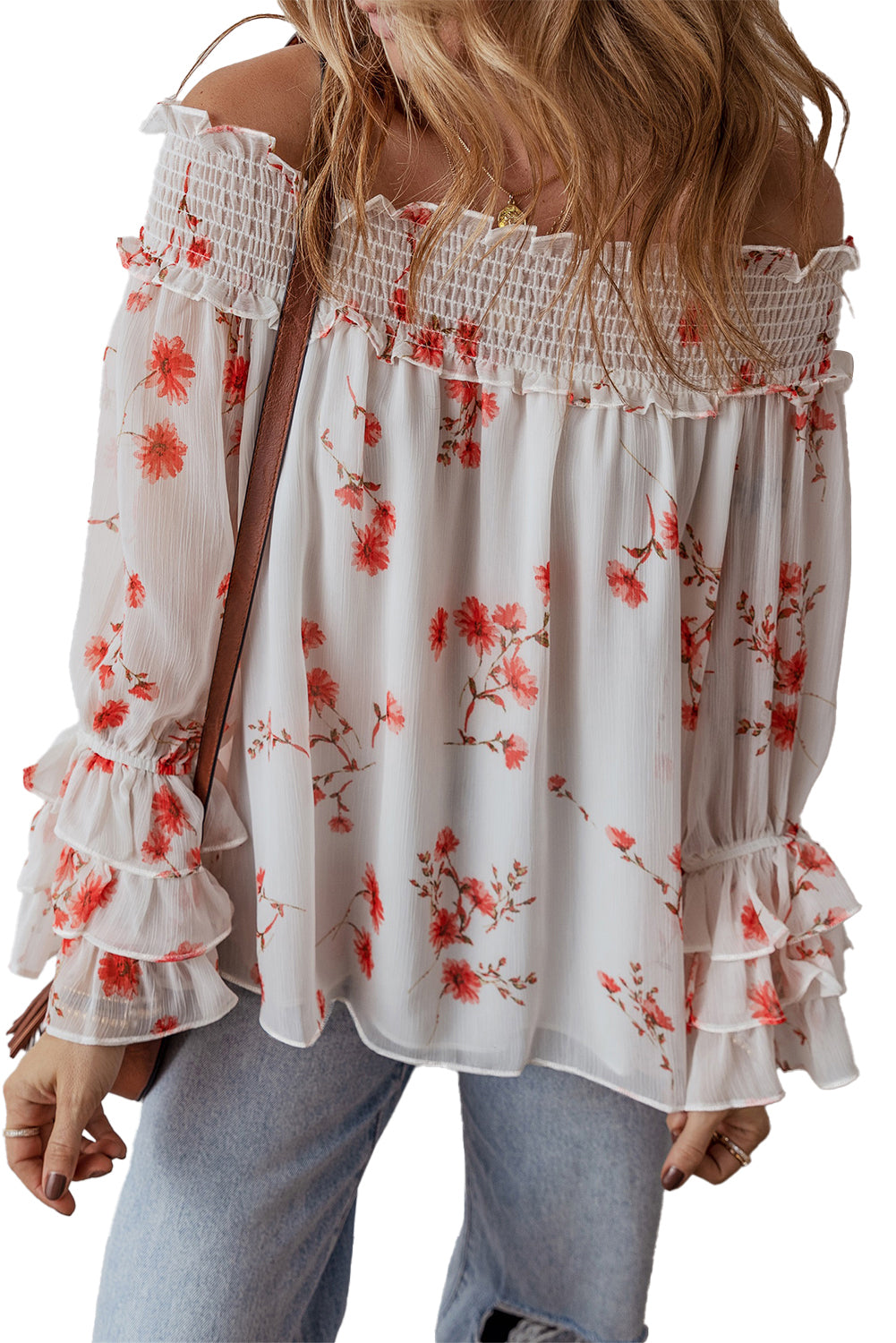 White Floral Print Shirred Off Shoulder Ruffled Sleeve Blouse