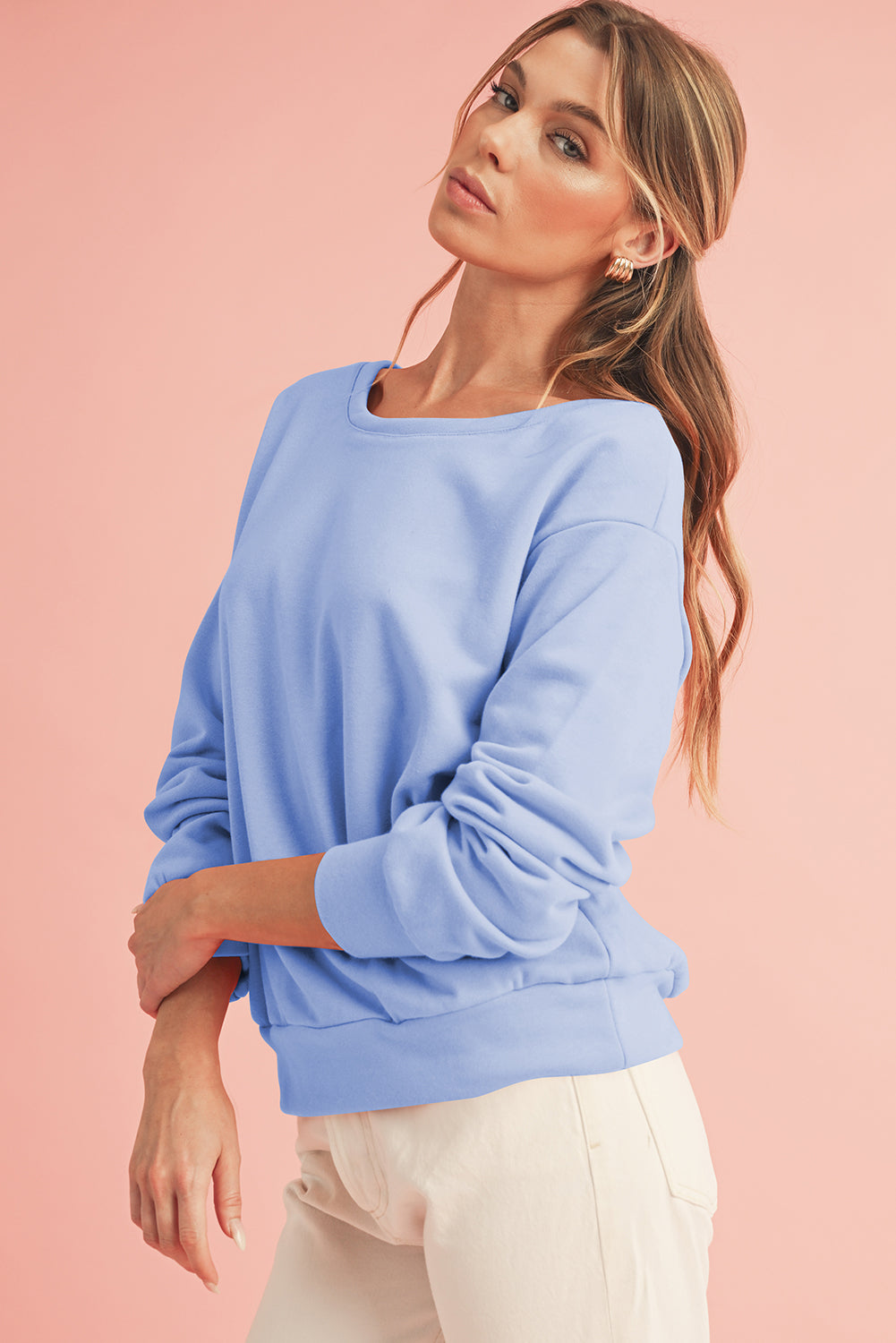 Sky Blue Bowknot Plain Round Neck Sweatshirt