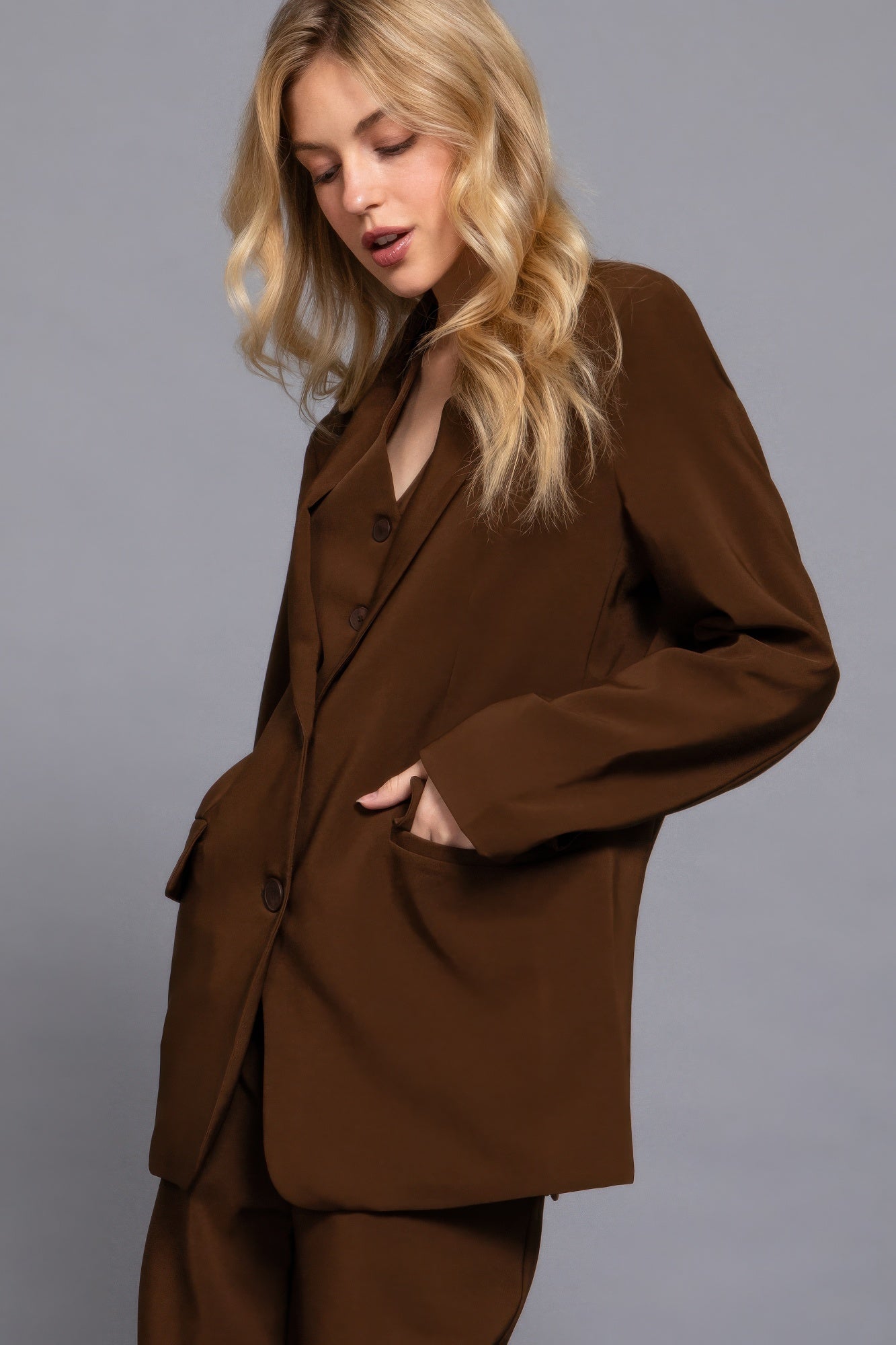 Long slv front button closure blazer