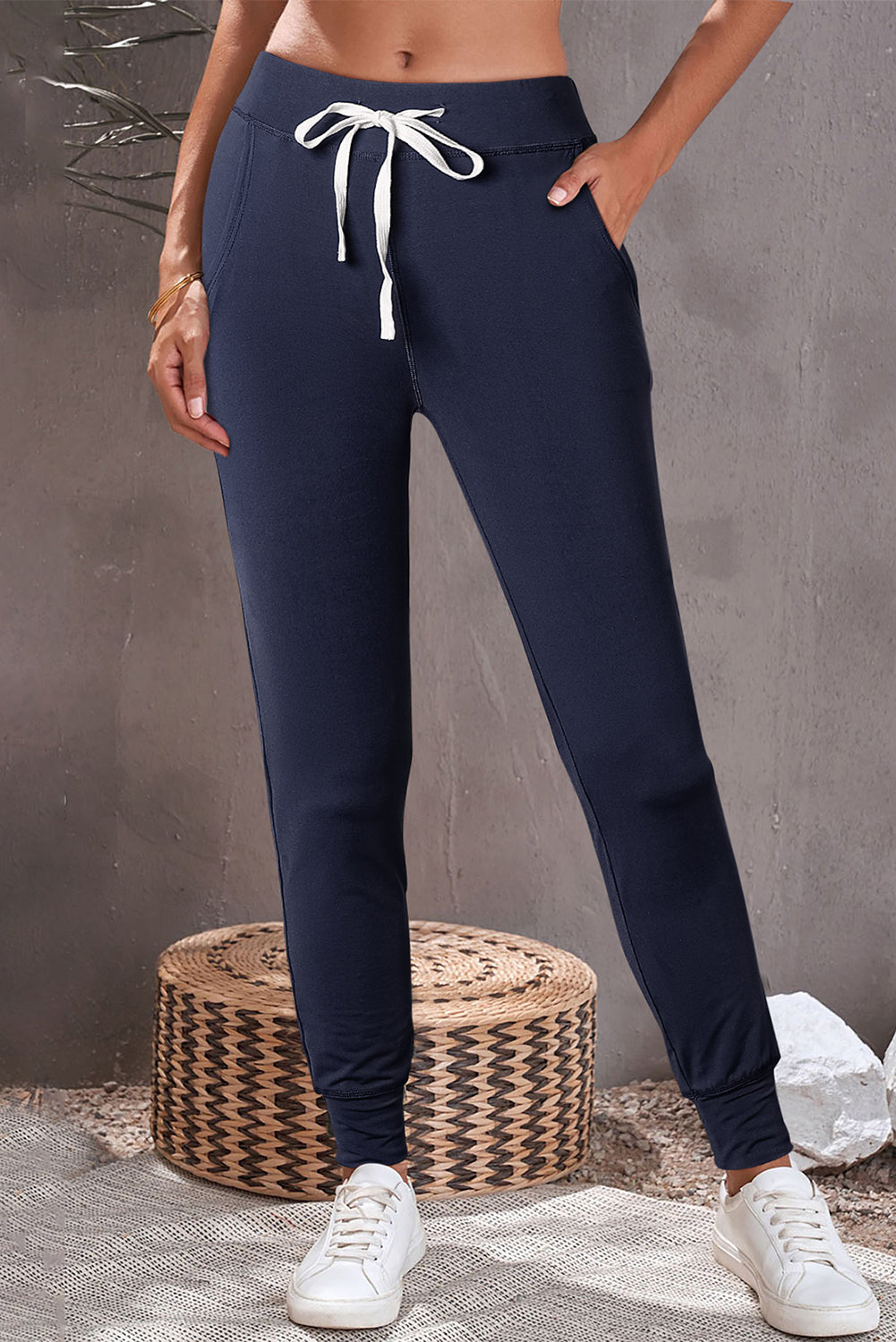 Navy Blue Casual Drawstring Drop Waist Pocketed Joggers