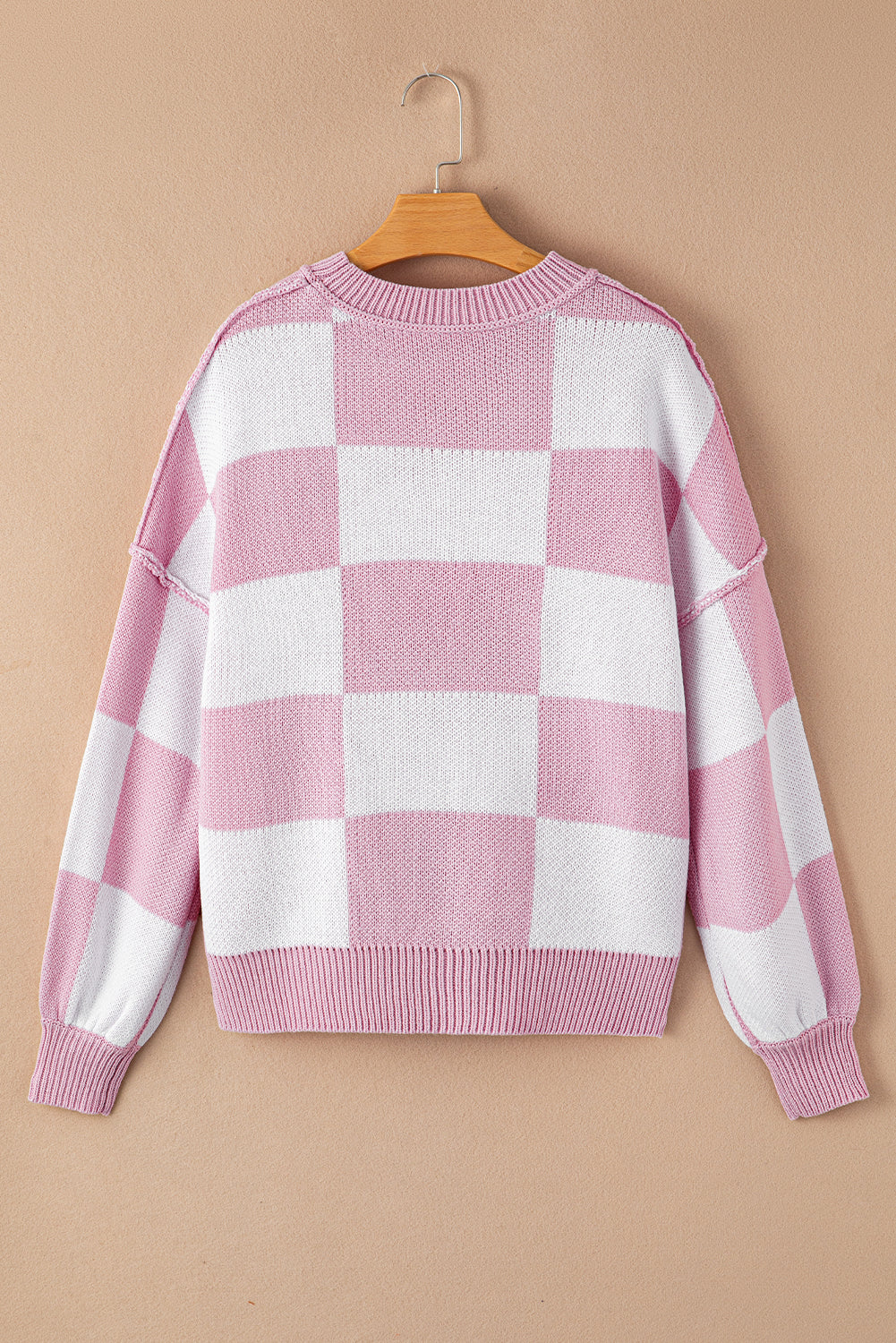 Gray Checkered Bishop Sleeve Pullover Sweater