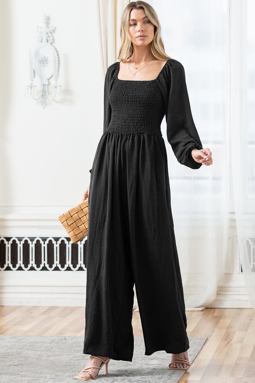 Black Smocked Square Neck Long Sleeve Wide Leg Jumpsuit