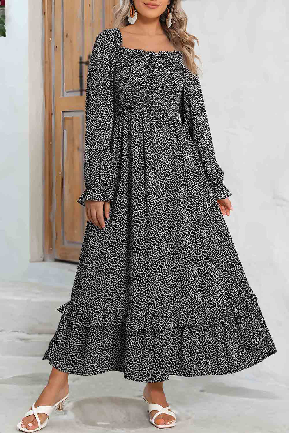 Black Dotty Printed Long Sleeve Square Neck Midi Dress