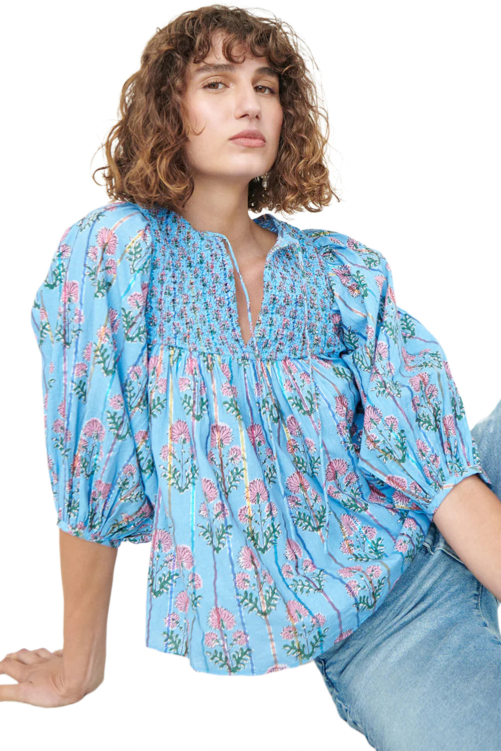 Sky Blue Floral Striped Smocked V Neck Blouse