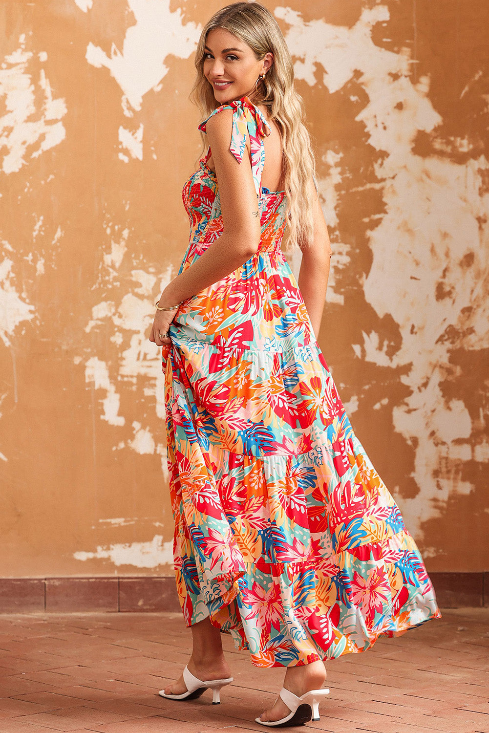 Multicolor Boho Tropical Print Smocked Ruffle Tiered Maxi Dress