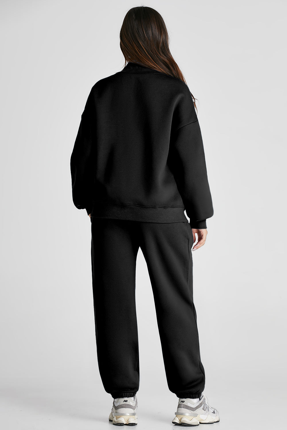 Black Plain Half Zip V Neck Top & Ribbed Edge Loose Pants Sets