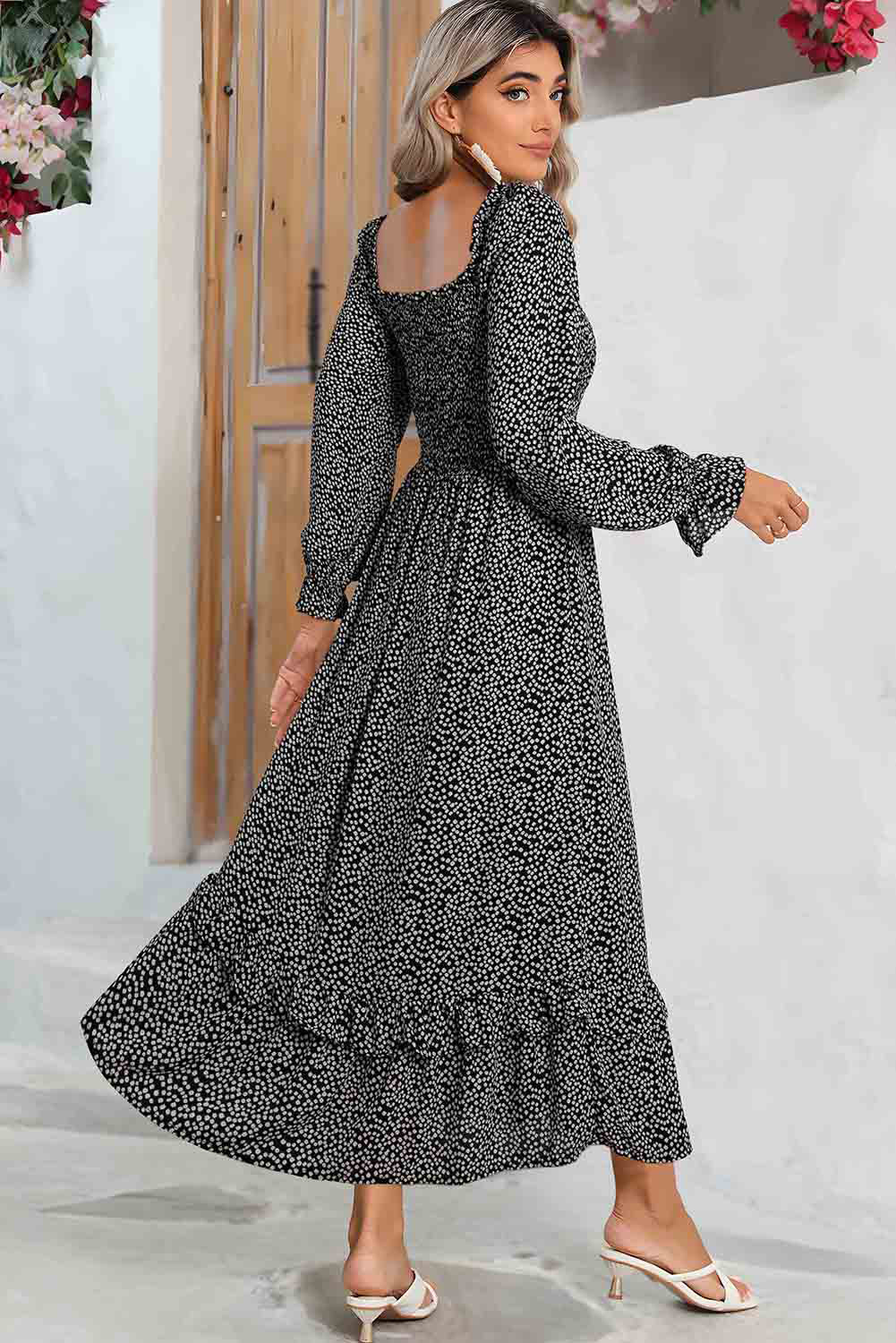 Black Dotty Printed Long Sleeve Square Neck Midi Dress