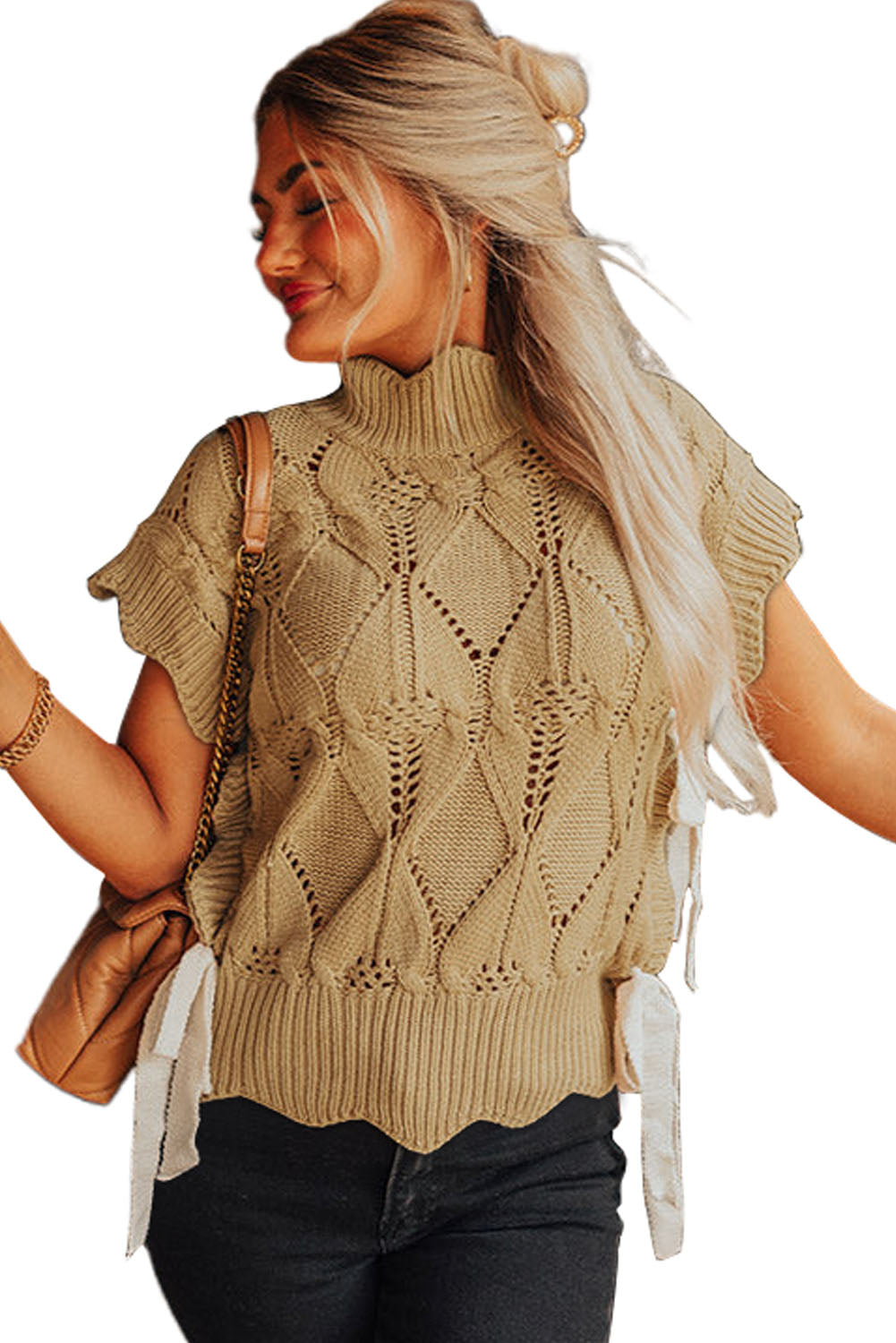 Light French Beige Hollowed Knit Scalloped Trim High Neck Sweater