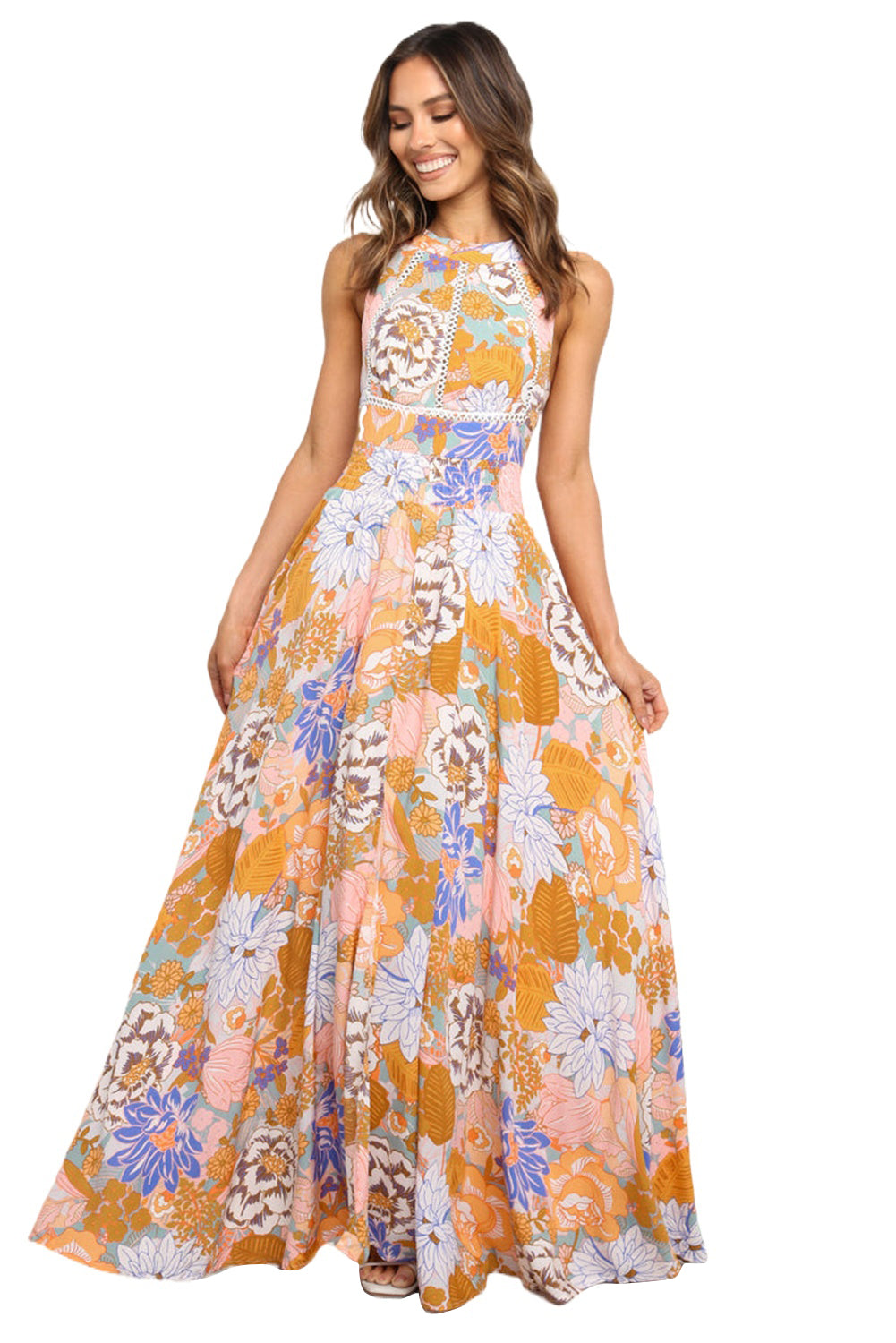 Orange Boho Floral Print Backless Lace-up Halter Maxi Dress