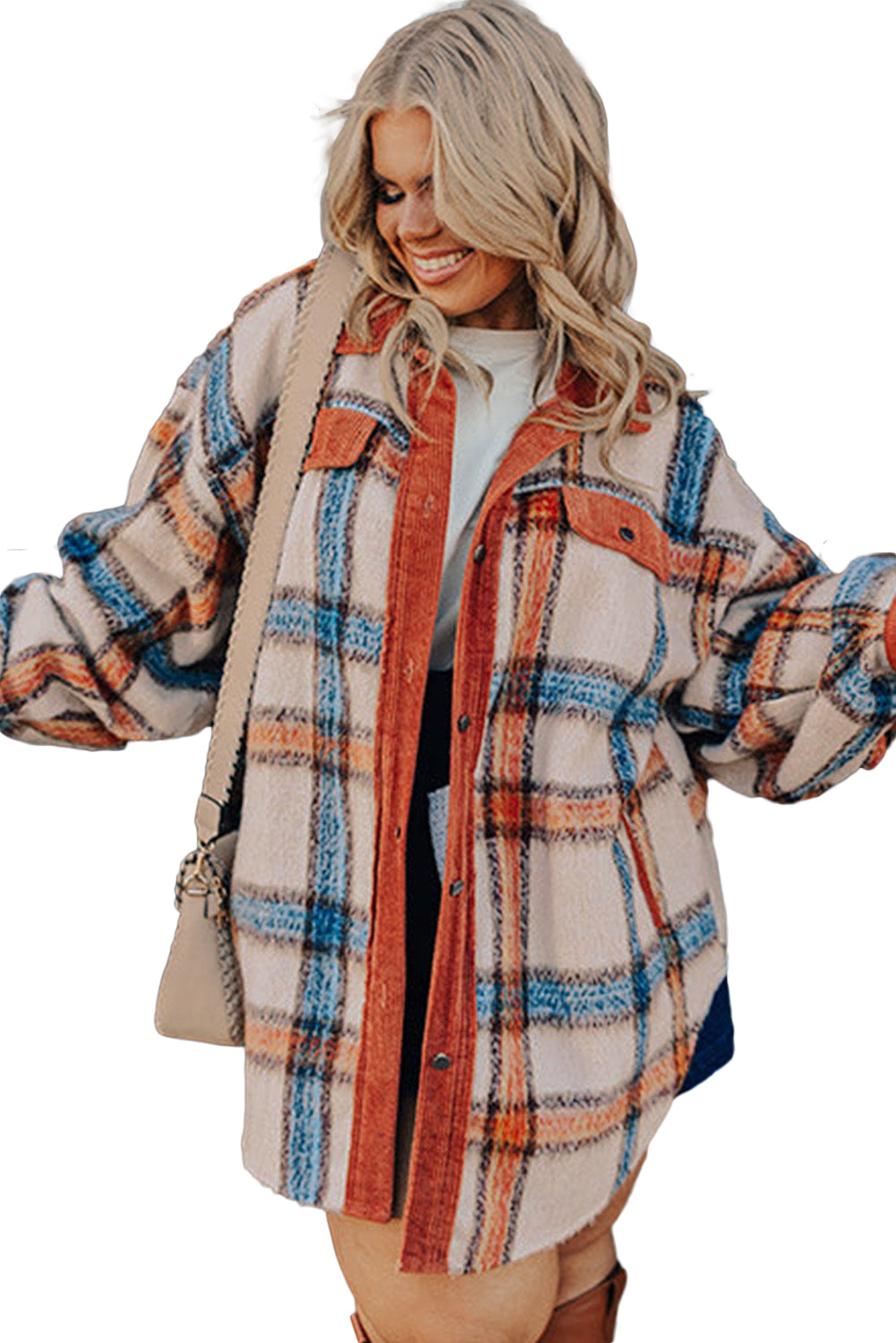 Brown Stripe Plus Size Plaid Print Collared Buttoned Jacket