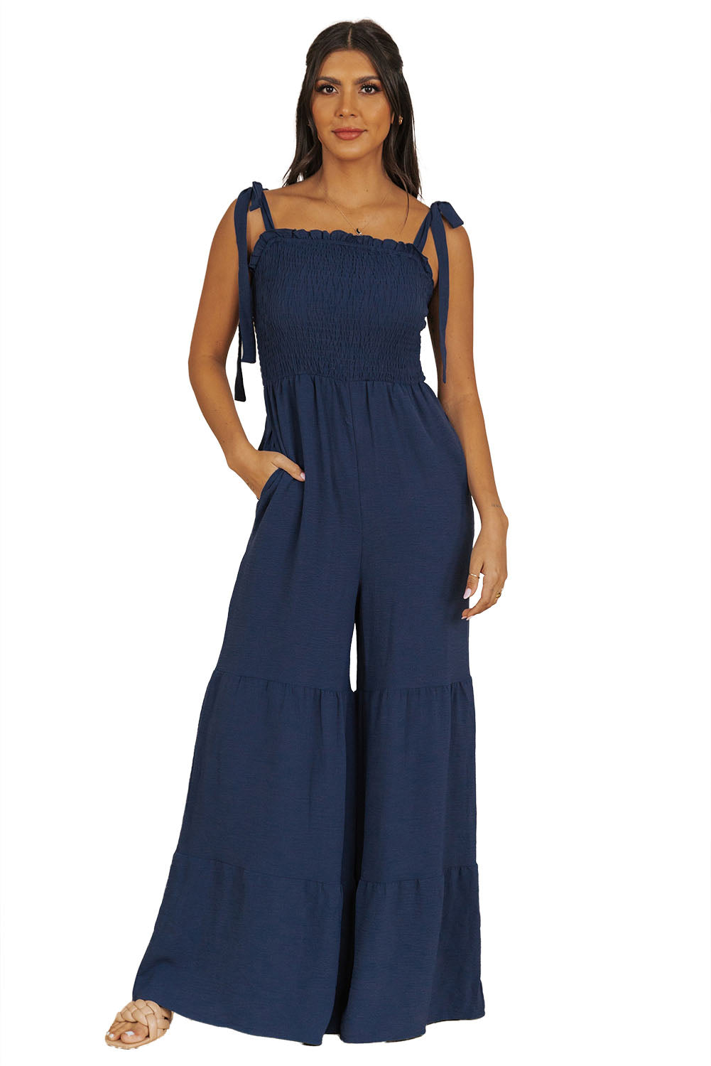 Dark Blue Tie Straps Shirred Casual Tiered Wide Leg Jumpsuit