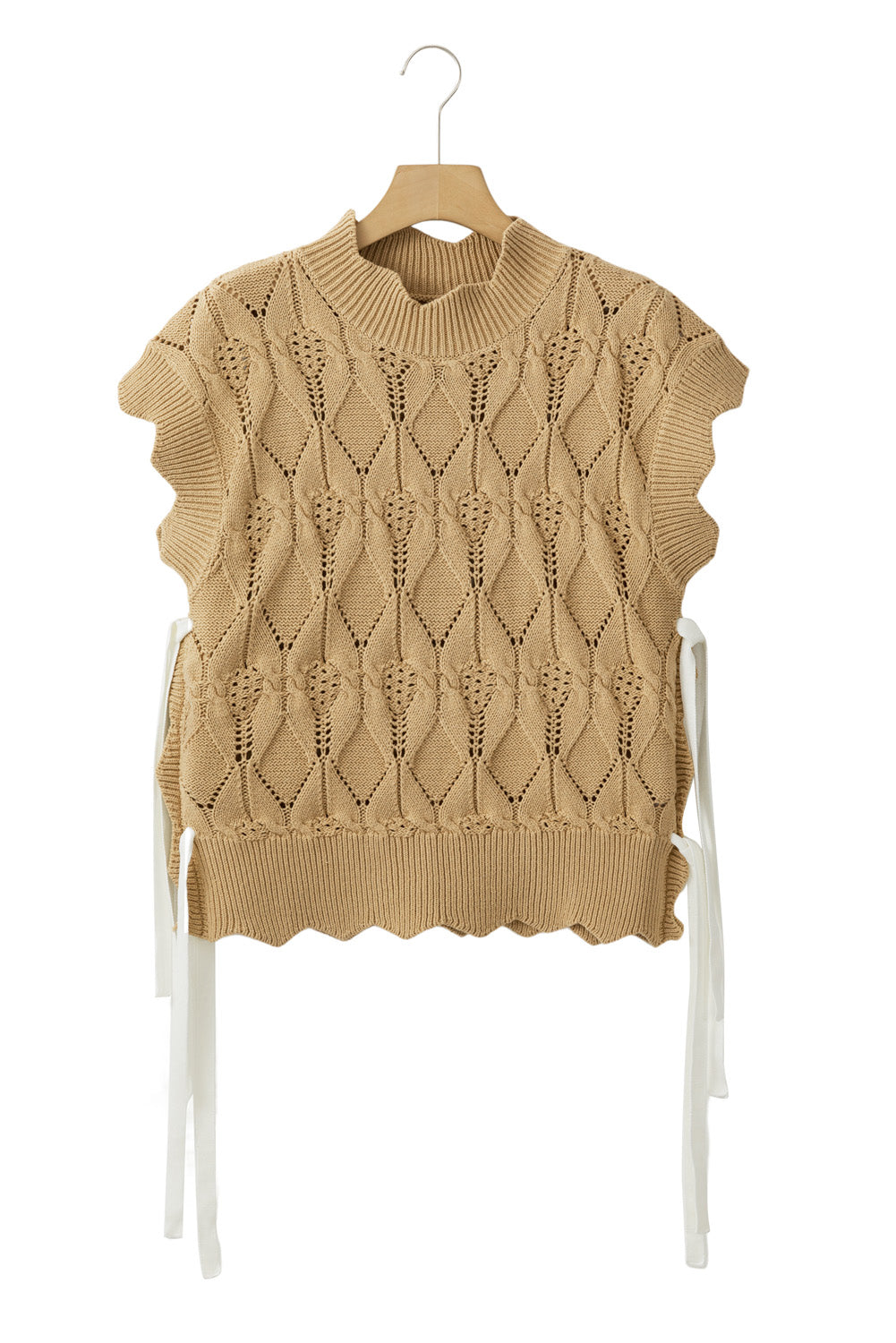 Light French Beige Hollowed Knit Scalloped Trim High Neck Sweater