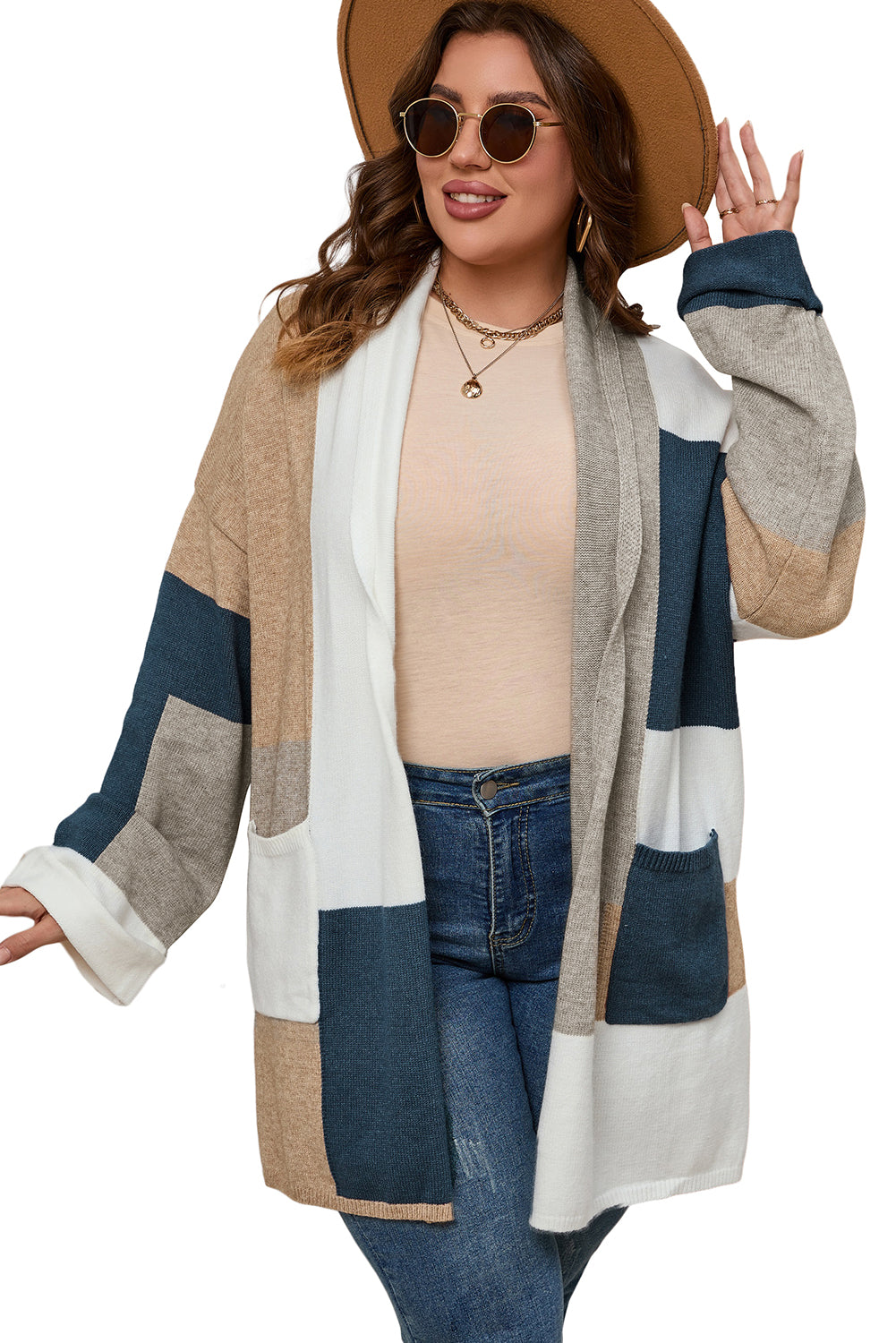 Multicolor Plus Size Colorblock Knit Cardigan