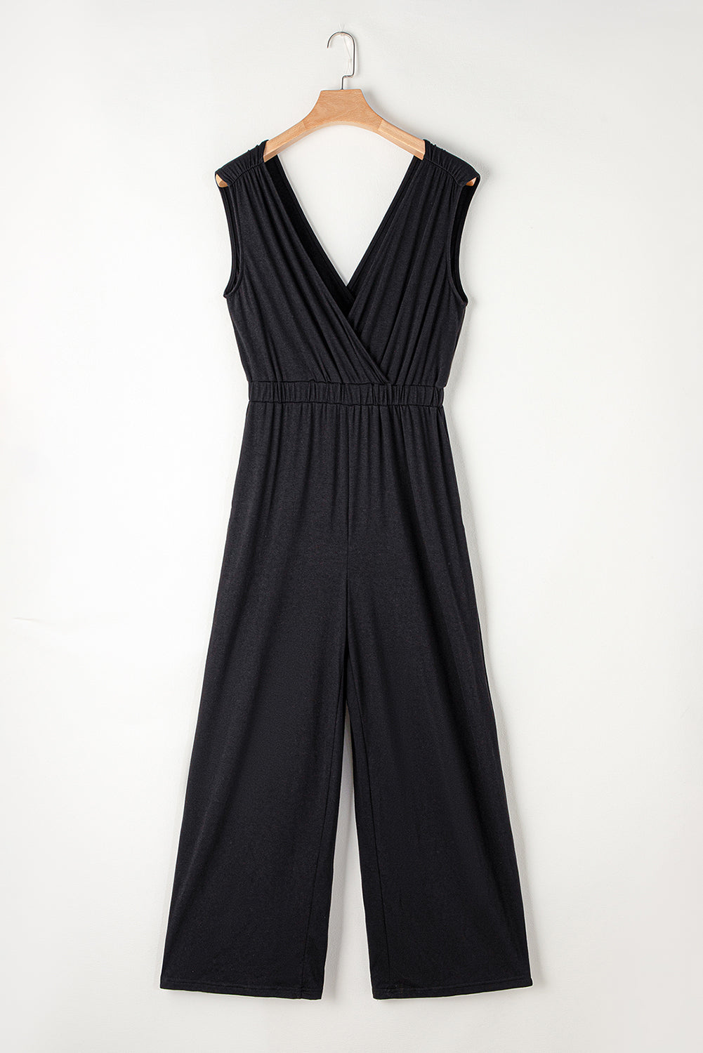 Black Deep V Pocketed Pleated Wide Leg Jumpsuit