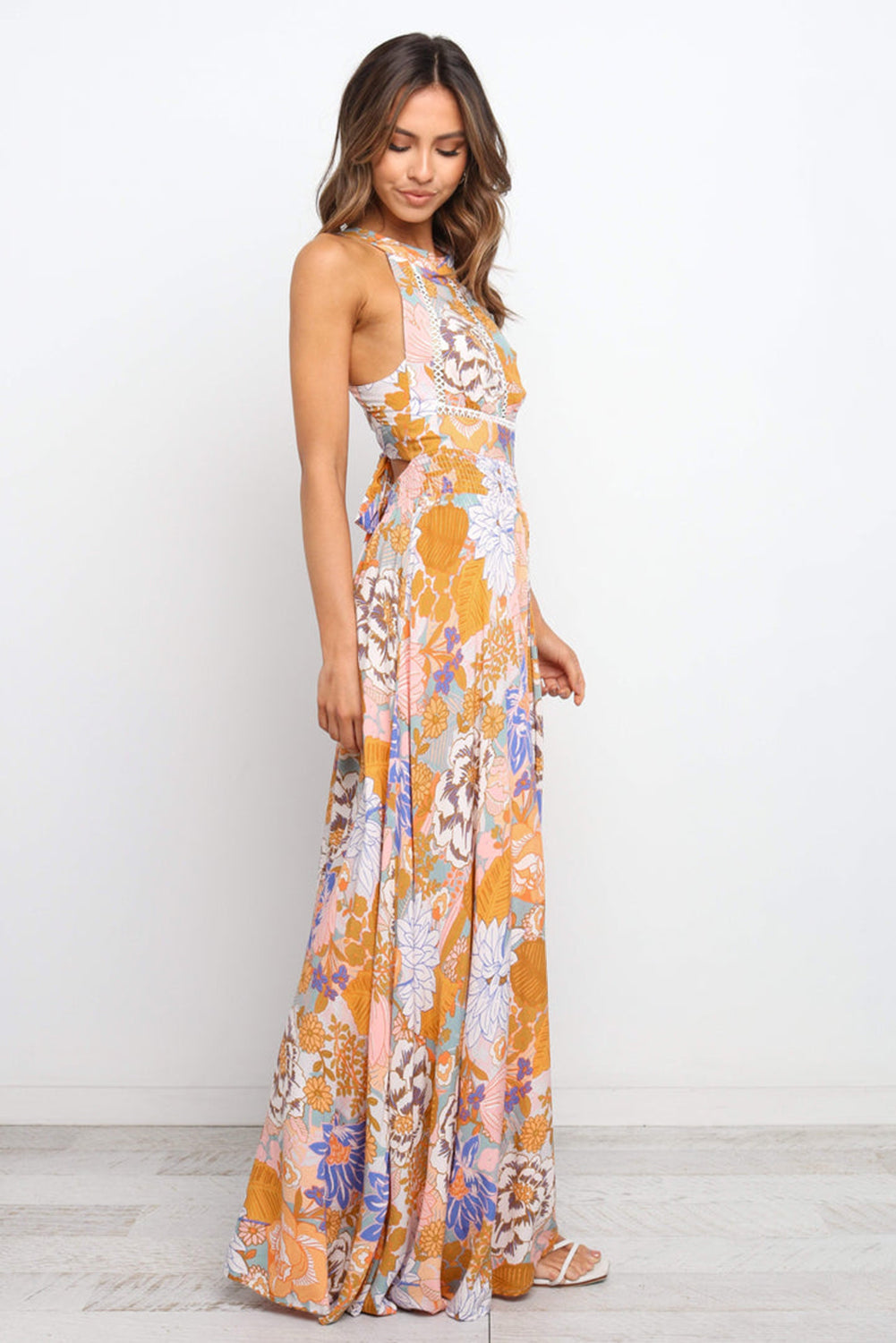 Orange Boho Floral Print Backless Lace-up Halter Maxi Dress