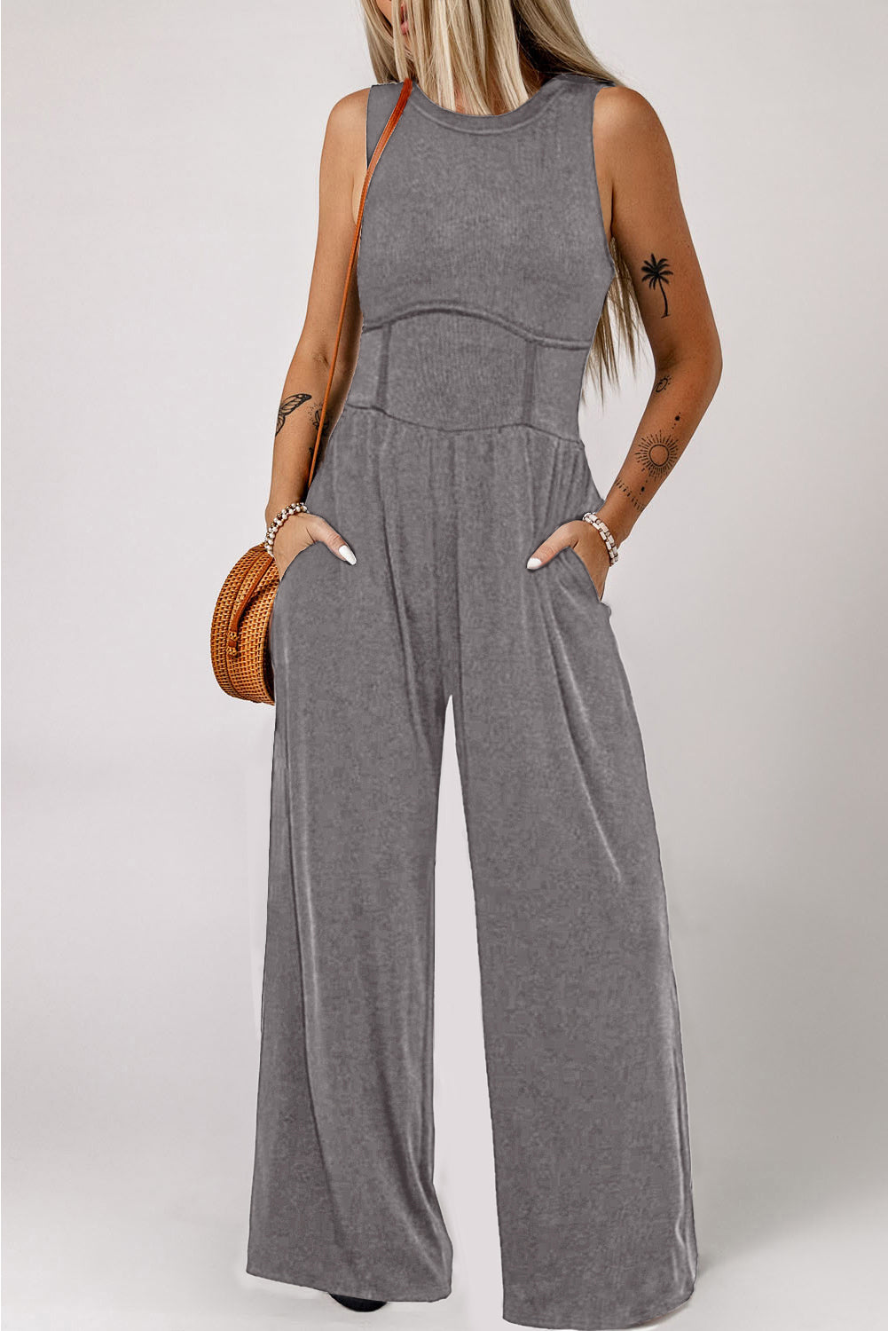 Blackish Green Sleeveless High Waist Wide Leg Jumpsuit