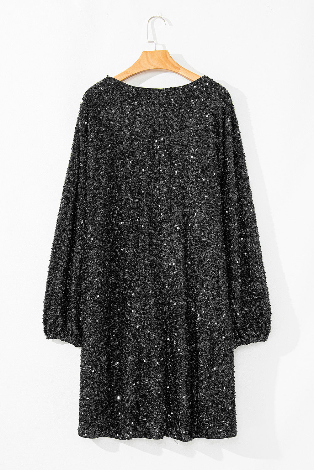 Black Plus Size Bubble Sleeve V Neck Sequin Dress