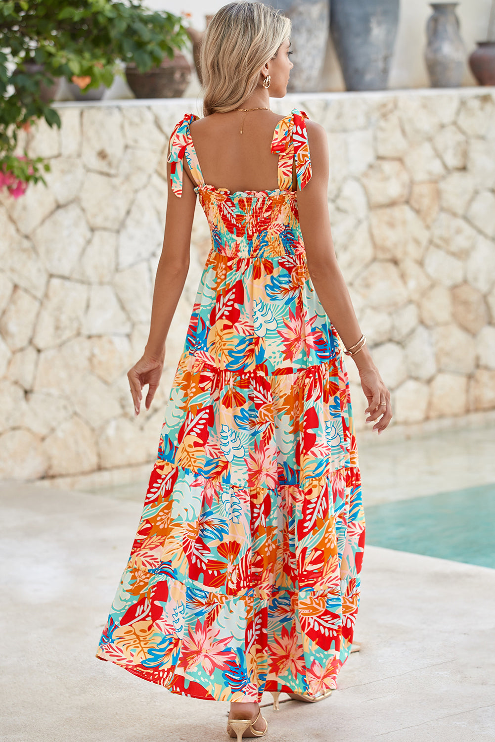 Multicolor Boho Tropical Print Smocked Ruffle Tiered Maxi Dress