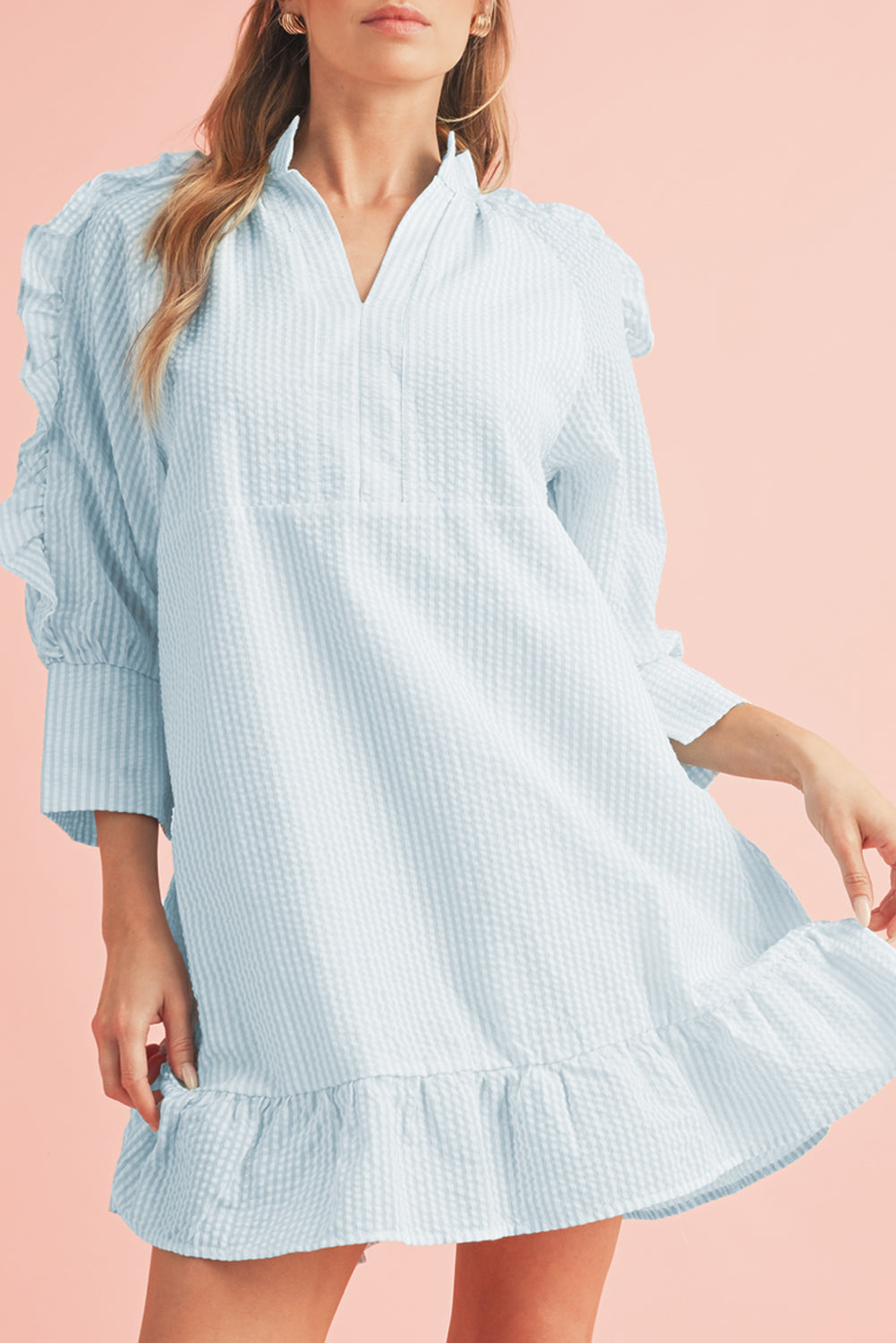 Myosotis Seersucker Striped V-Neck Ruffle Dress