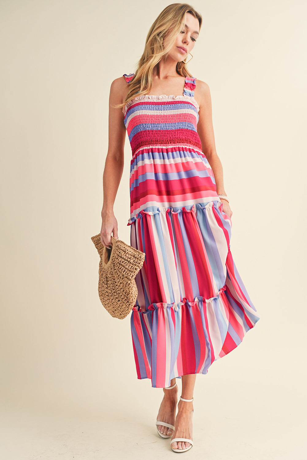 Red Stripe Ruffled Straps Smocked Tiered Midi Dress