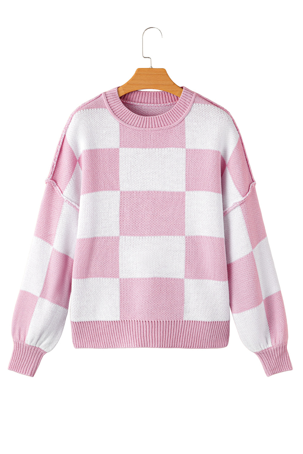 Gray Checkered Bishop Sleeve Pullover Sweater