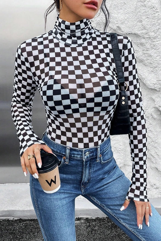 Brown Checkered Print Long Sleeve Mock Neck Bodysuit