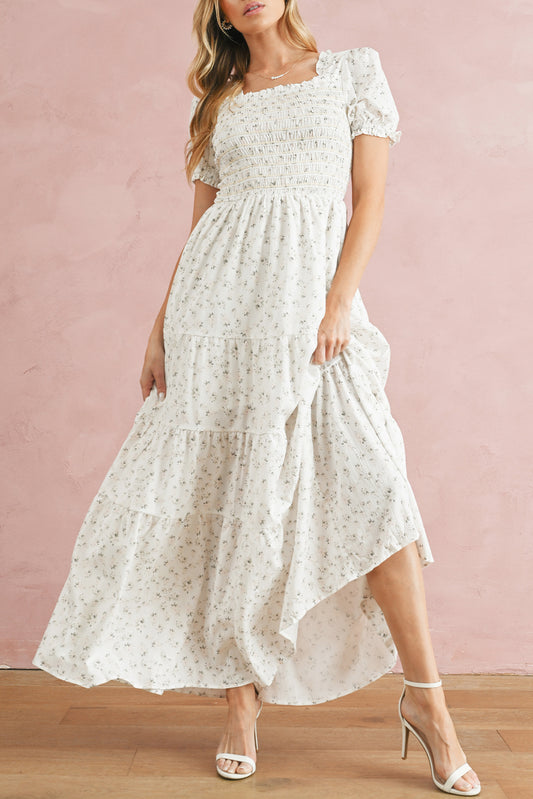 White Frill Neckline Shirred Bodice Floral Maxi Dress