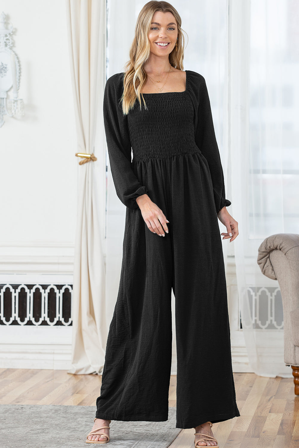 Black Smocked Square Neck Long Sleeve Wide Leg Jumpsuit