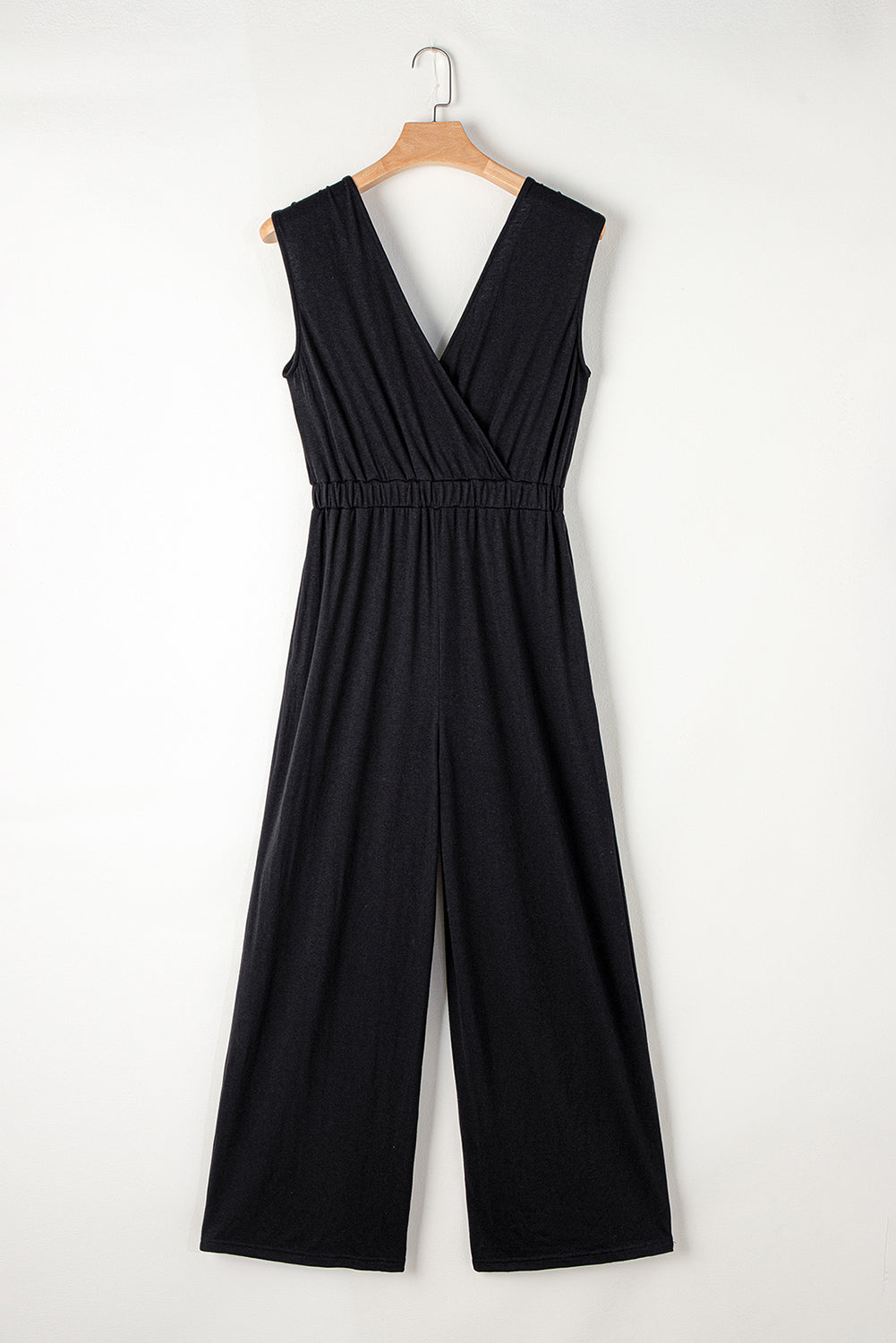 Black Deep V Pocketed Pleated Wide Leg Jumpsuit