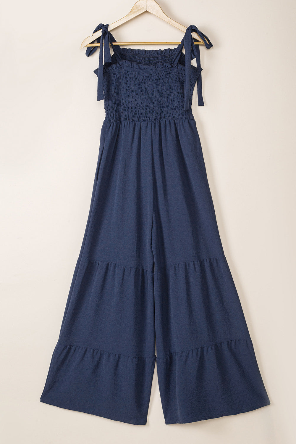 Dark Blue Tie Straps Shirred Casual Tiered Wide Leg Jumpsuit