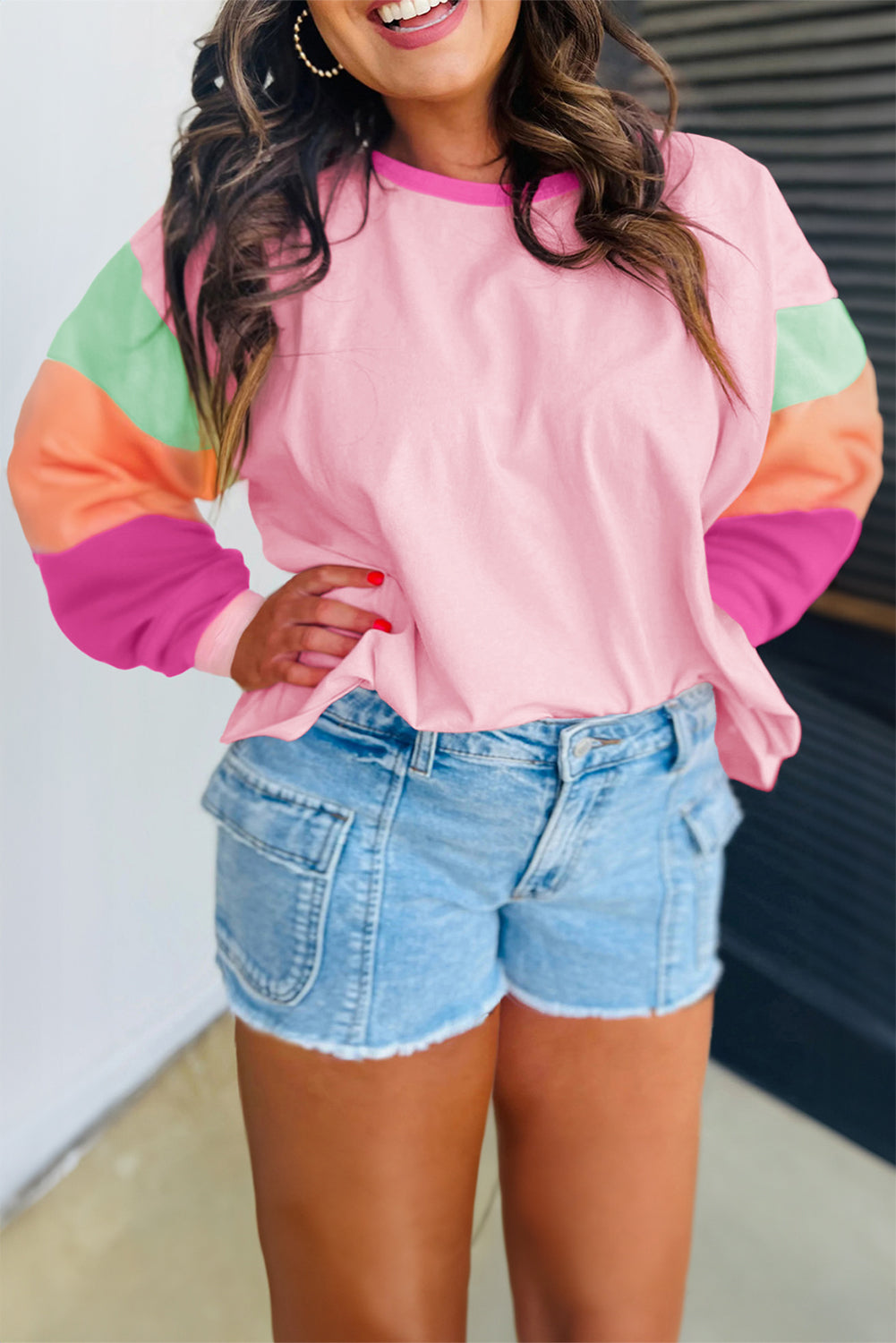 Pink Colorblock Long Sleeve Plus Size Top