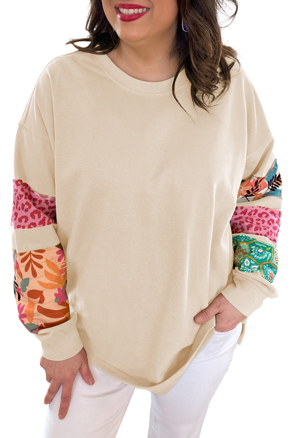 Beige Leopard Patchwork Sleeve Split Plus Size Sweatshirt