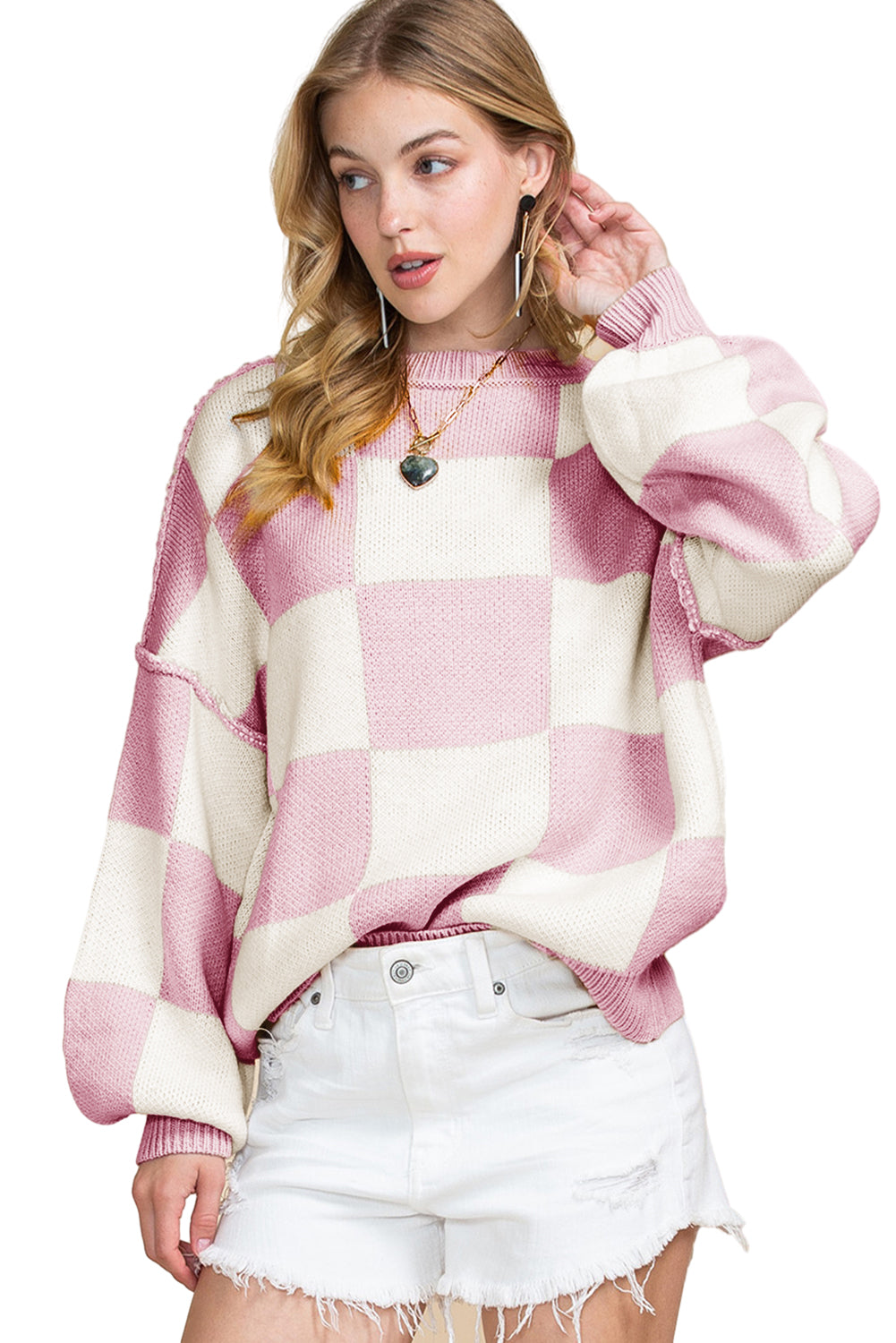 Gray Checkered Bishop Sleeve Pullover Sweater